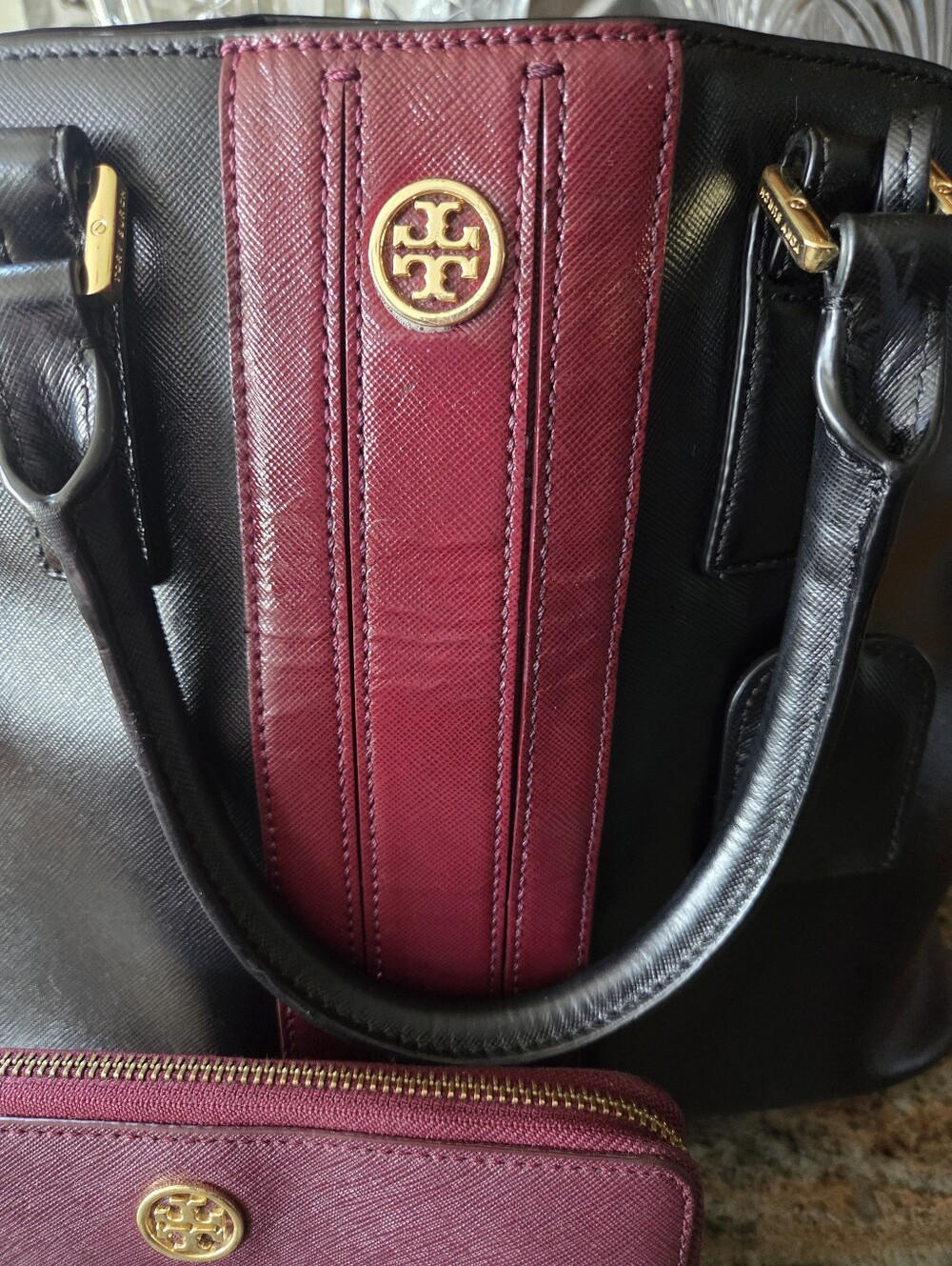 Tory Burch Black & Burgundy Leather Satchel with Matching Wallet - Picture 2 of 13